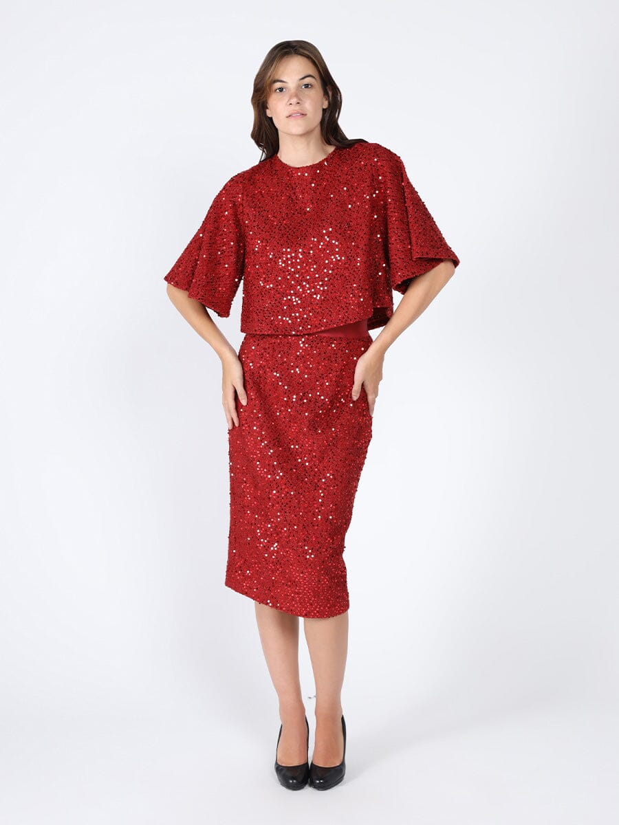 Sequinned Batwing Sleeve Top TOP Gracia Fashion RED S 