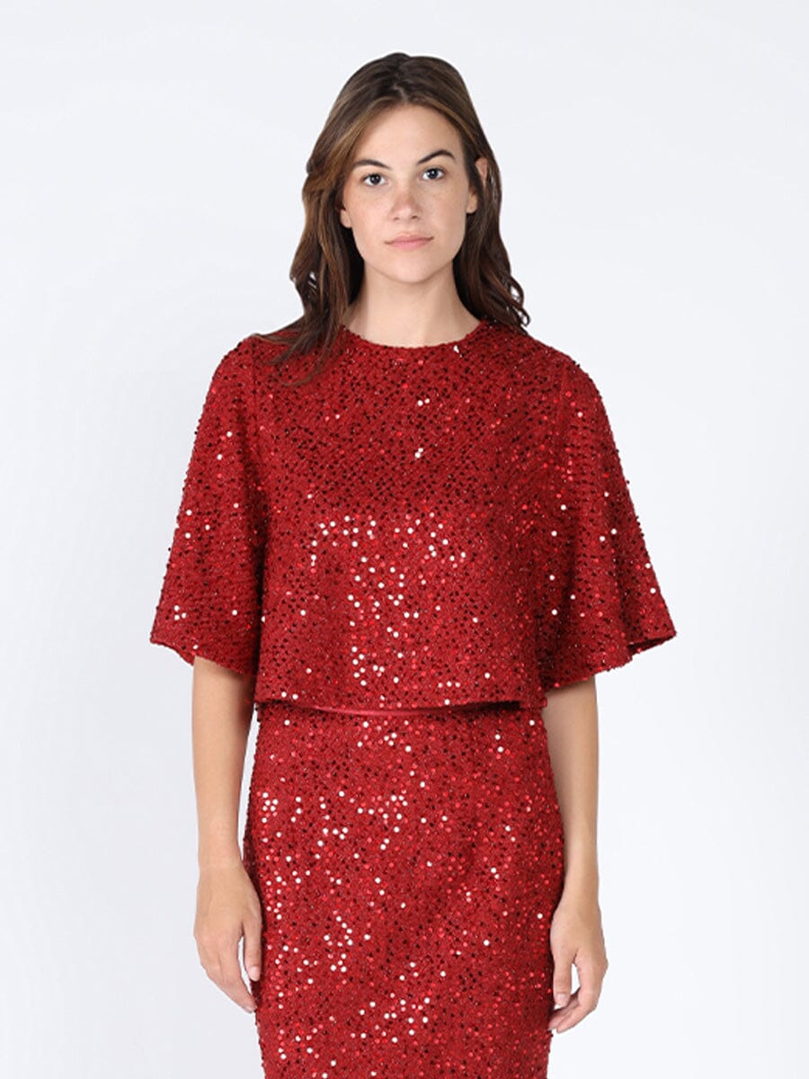 Sequinned Batwing Sleeve Top TOP Gracia Fashion RED S 