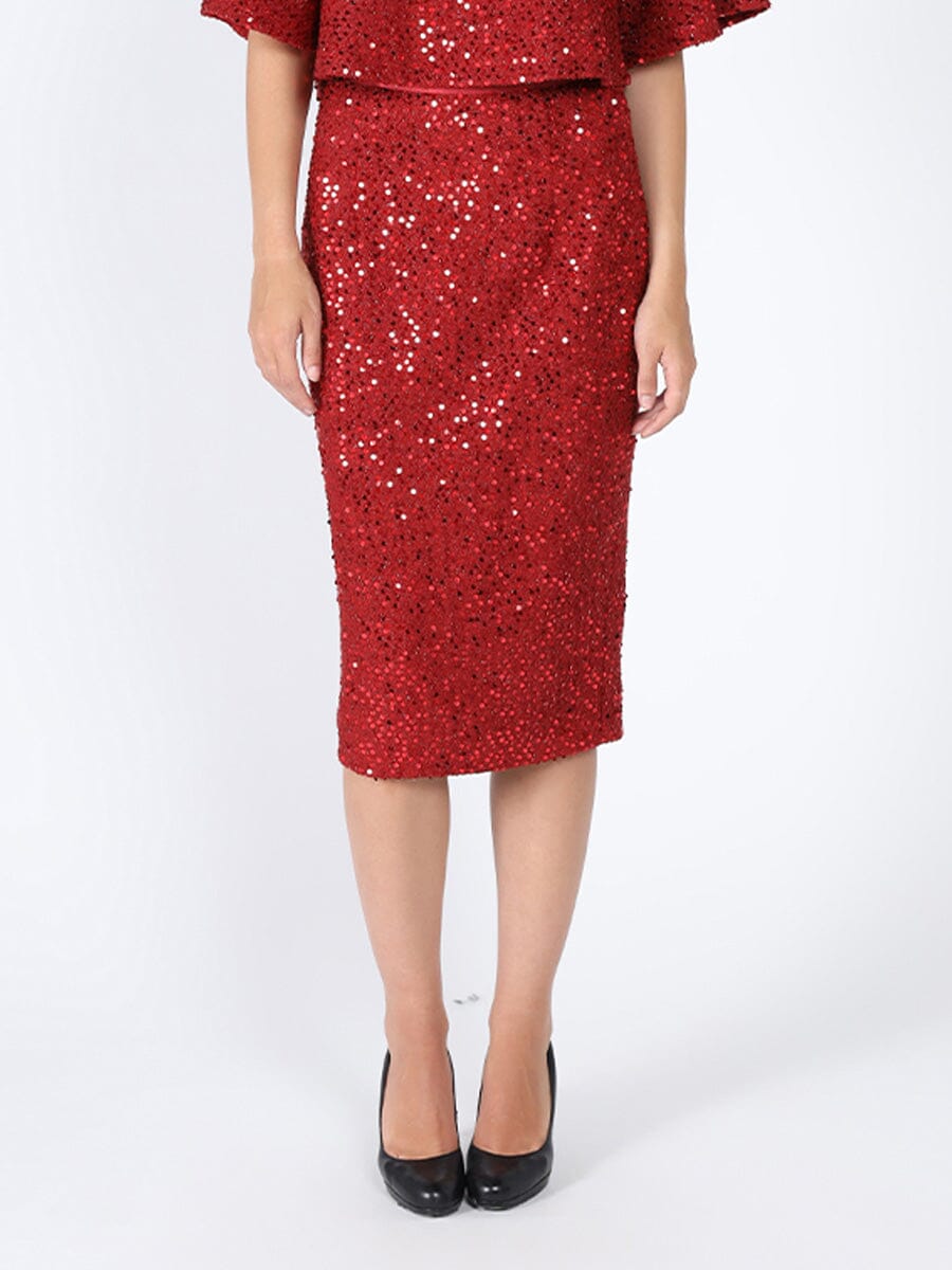 Sequinned Elastic Waist Band Pencil Skirt SKIRT Gracia Fashion RED S 