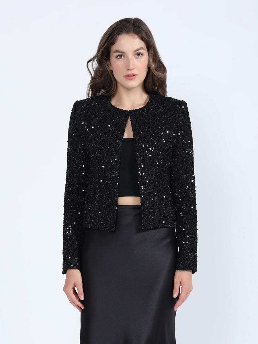 Sequinned Round Neck Jacket JACKET Gracia Fashion BLACK S 