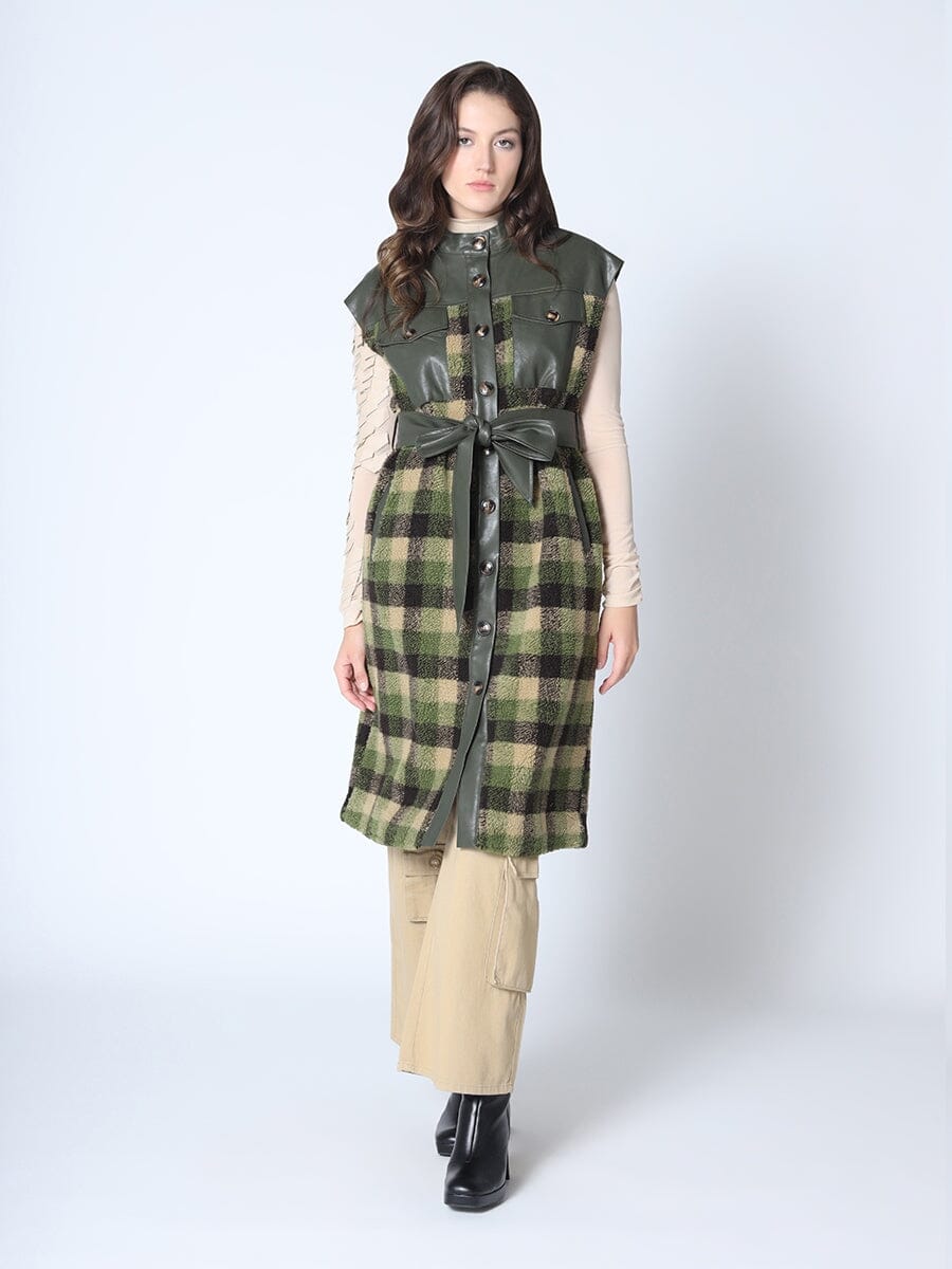 Shearing w/ Leather Yoke Vest Dress DRESS Gracia Fashion OLIVE S 