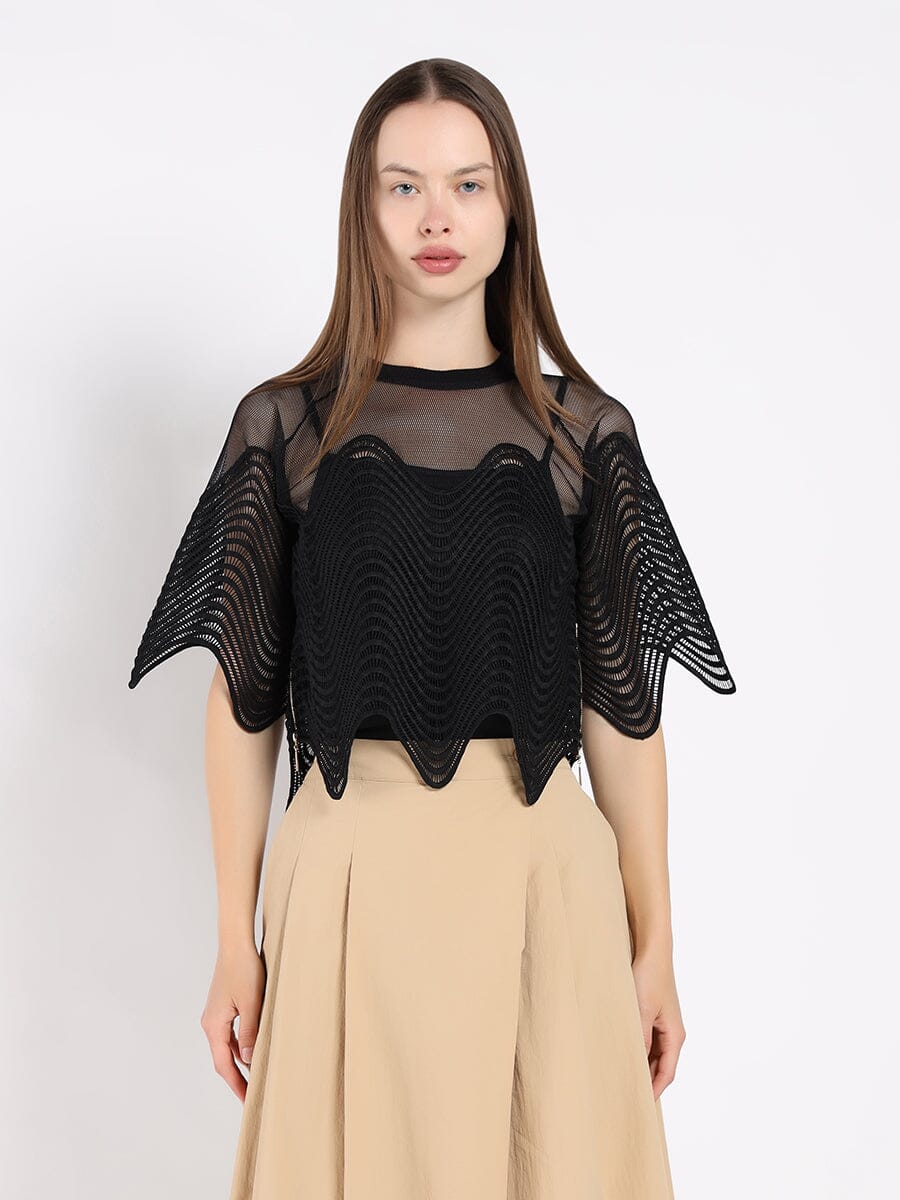 Sheer Crew Neck Mesh Crop Top with Side Zipper TOP Gracia Fashion BLACK S 