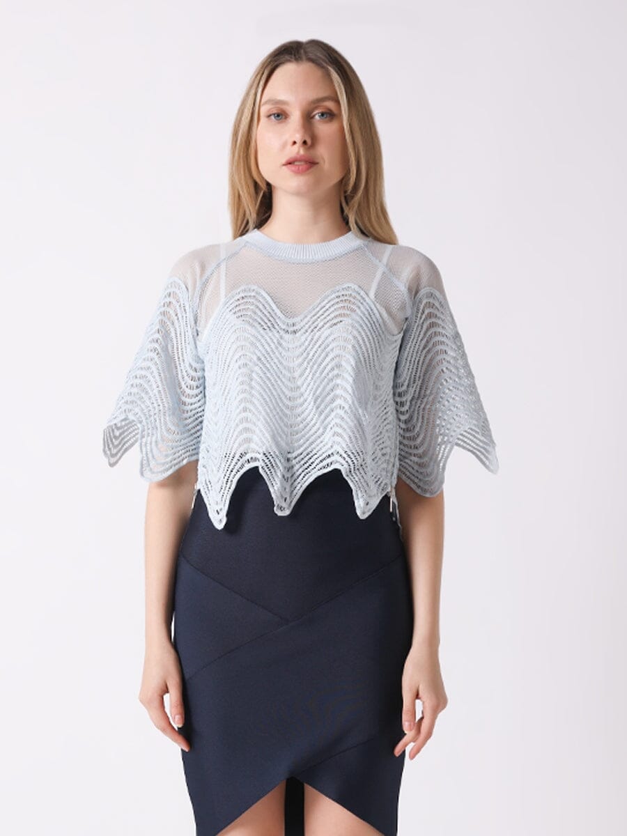 Sheer Crew Neck Mesh Crop Top with Side Zipper TOP Gracia Fashion L/BLUE S 