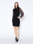 Sheer Floral Print Sleeve Solid Bodycon Knit Dress DRESS Gracia Fashion 