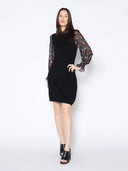 Sheer Floral Print Sleeve Solid Bodycon Knit Dress DRESS Gracia Fashion 