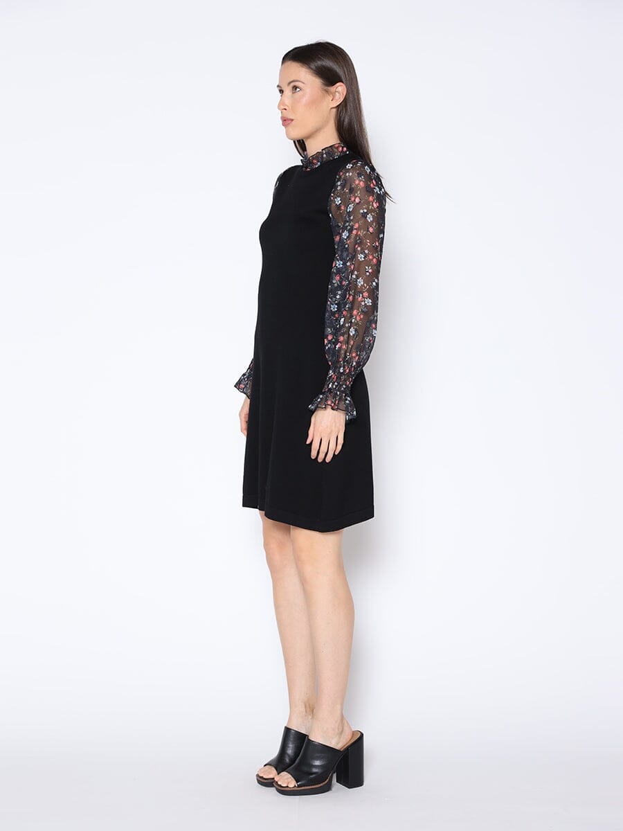 Sheer Floral Print Sleeve Solid Bodycon Knit Dress DRESS Gracia Fashion 