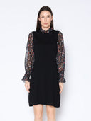 Sheer Floral Print Sleeve Solid Bodycon Knit Dress DRESS Gracia Fashion BLACK S 
