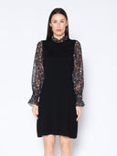 Sheer Floral Print Sleeve Solid Bodycon Knit Dress DRESS Gracia Fashion BLACK S 