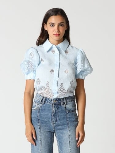 Sheer Graphic Puffed Sleeve Button-Down Blouse TOP Gracia Fashion L/BLUE S 