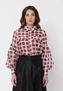 Sheer Polka Dot Pattern Top W/Front Patch Pockets TOP Gracia Fashion BURGUNDY S 
