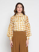 Sheer Polka Dot Pattern Top W/Front Patch Pockets TOP Gracia Fashion GOLD S 