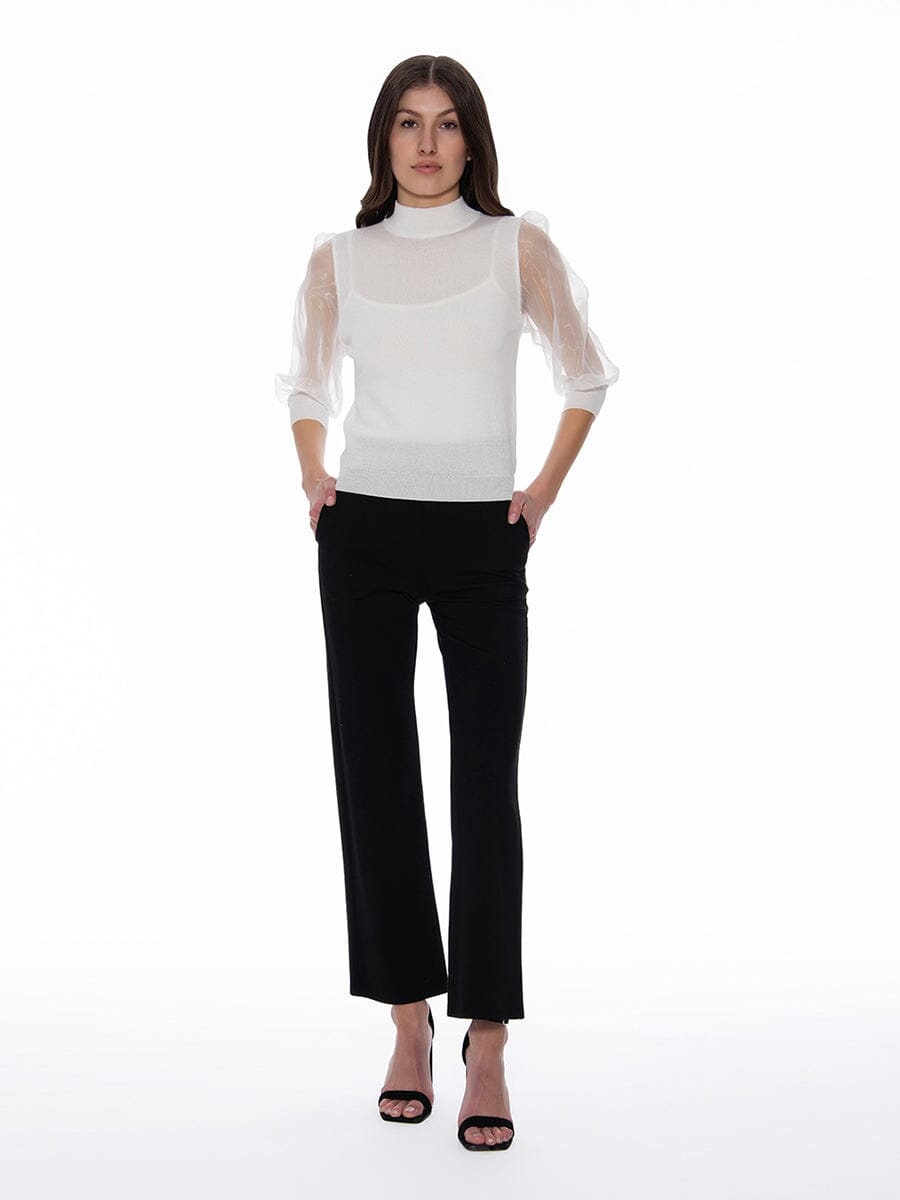 Sheer Sleeved Solid Color Knit Mock Neck Top TOP Gracia Fashion WHITE S 