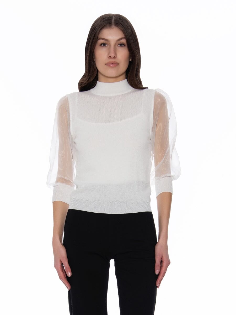 Sheer Sleeved Solid Color Knit Mock Neck Top TOP Gracia Fashion WHITE S 