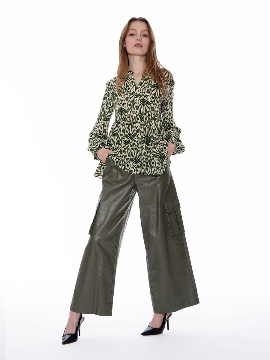 Shell Print Ruffle Neck Tie Blouse TOP Gracia Fashion GREEN S 