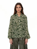 Shell Print Ruffle Neck Tie Blouse TOP Gracia Fashion GREEN S 