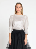Shiny Glittery Cuff Long Sleeve Back-Button Blouse TOP Gracia Fashion 