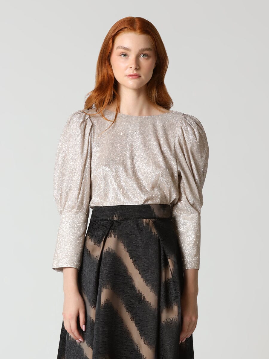 Shiny Glittery Cuff Long Sleeve Back-Button Blouse TOP Gracia Fashion SILVER S 