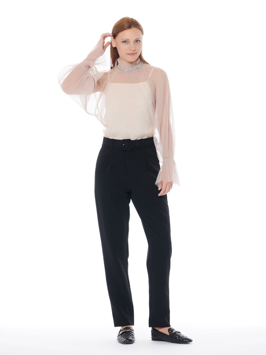 Shiny Necklace Detail See-through Pleats Top TOP Gracia Fashion BEIGE S 