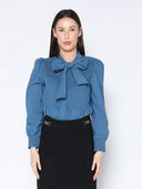 Shirred Detailed Long Sleeve Tie Neck Shirt TOP Gracia Fashion TEAL S 