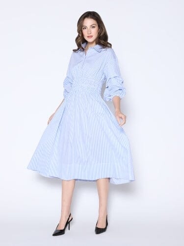 Shirred Waist Puff Sleeve Stripe Cotton Dress DRESS Gracia Fashion BLUE S 