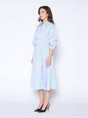 Shirred Waist Puff Sleeve Stripe Cotton Dress DRESS Gracia Fashion 