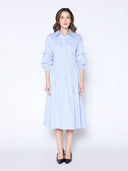 Shirred Waist Puff Sleeve Stripe Cotton Dress DRESS Gracia Fashion BLUE S 