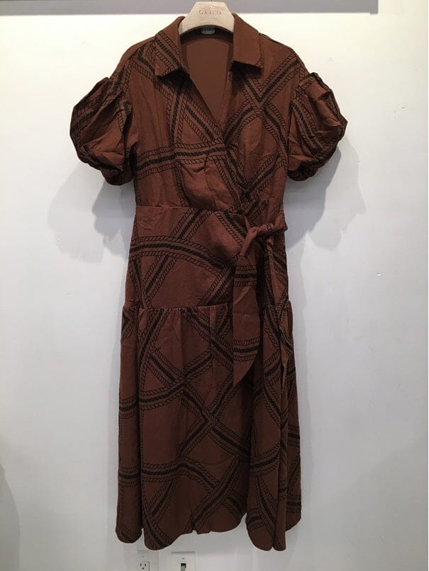 Shirt collar half sleeve printed dress DRESS Gracia Fashion BROWN S 
