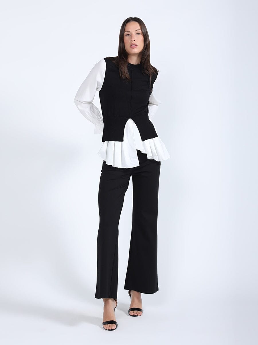 Shirt Sleeves Mixed Knit Top With Front Slit TOP Gracia Fashion BLACK/WHITE S 