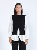 Shirt Sleeves Mixed Knit Top With Front Slit TOP Gracia Fashion BLACK/WHITE S 