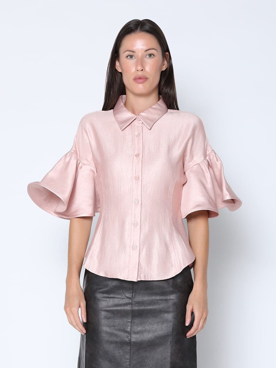 Short Circular Flounce Sleeve Shirt TOP Gracia Fashion PINK S 