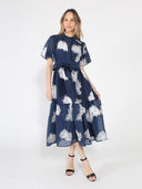 Short Puff Sleeve Embroidery Detail Midi Dress DRESS Gracia Fashion 