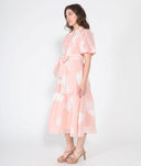 Short Puff Sleeve Embroidery Detail Midi Dress DRESS Gracia Fashion 