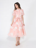 Short Puff Sleeve Embroidery Detail Midi Dress DRESS Gracia Fashion 