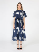 Short Puff Sleeve Embroidery Detail Midi Dress DRESS Gracia Fashion NAVY S 