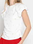 Short Puff Sleeve Rhinestone & Pearl Embellish TOP Gracia Fashion 
