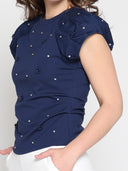 Short Puff Sleeve Rhinestone & Pearl Embellish TOP Gracia Fashion 