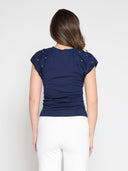 Short Puff Sleeve Rhinestone & Pearl Embellish TOP Gracia Fashion 