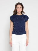 Short Puff Sleeve Rhinestone & Pearl Embellish TOP Gracia Fashion NAVY S 