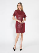 Short Sleeve A-Line Lace-Trim Pleather-SpliceDress DRESS Gracia Fashion 