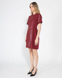 Short Sleeve A-Line Lace-Trim Pleather-SpliceDress DRESS Gracia Fashion 