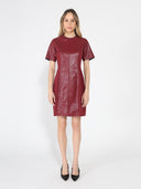 Short Sleeve A-Line Lace-Trim Pleather-SpliceDress DRESS Gracia Fashion BURGUNDY S 
