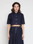 Short Sleeve Button Down Collared Crop Jacket JACKET Gracia Fashion DARK NAVY S 