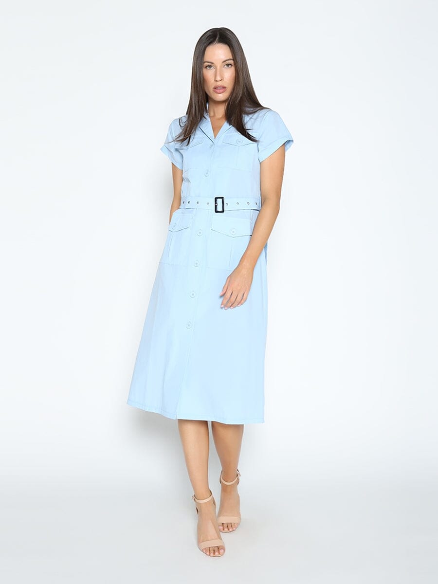 Short Sleeve Button Down H-Line Belted Dress DRESS Gracia Fashion L/BLUE S 