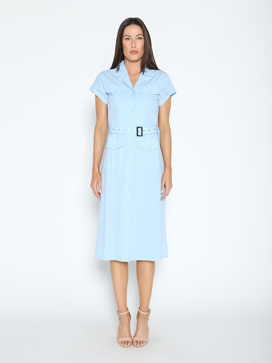 Short Sleeve Button Down H-Line Belted Dress DRESS Gracia Fashion L/BLUE S 