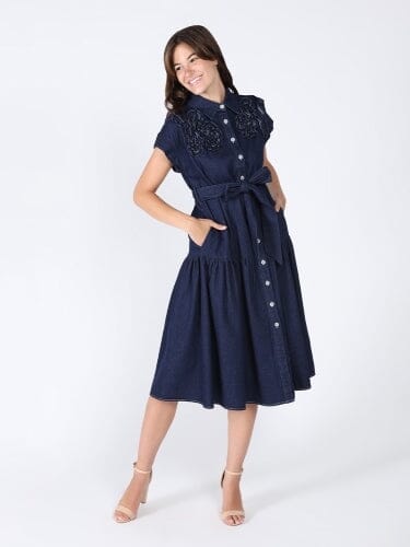 Short sleeve chest ruffle work belt dress DRESS Gracia Fashion DARK DENIM S 