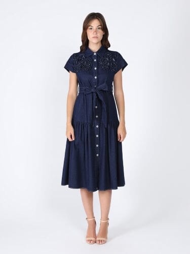 Short sleeve chest ruffle work belt dress DRESS Gracia Fashion DARK DENIM S 