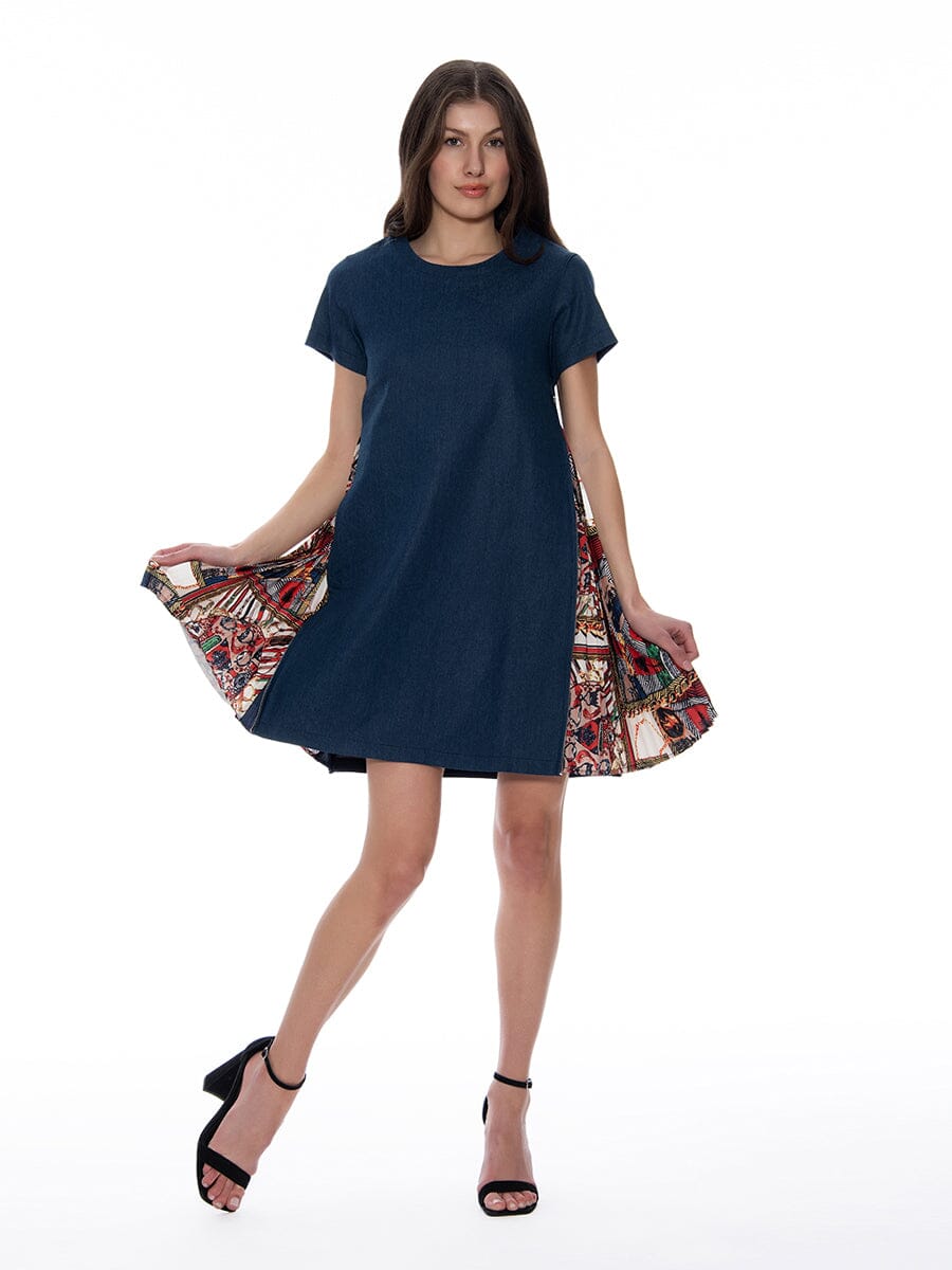 Short Sleeve Denim Side Printed Pleat Dress DRESS Gracia Fashion DENIM S 