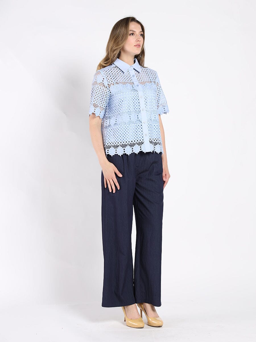 Short Sleeve Eyelet Lace Shirt with Point Collar TOP Gracia Fashion 