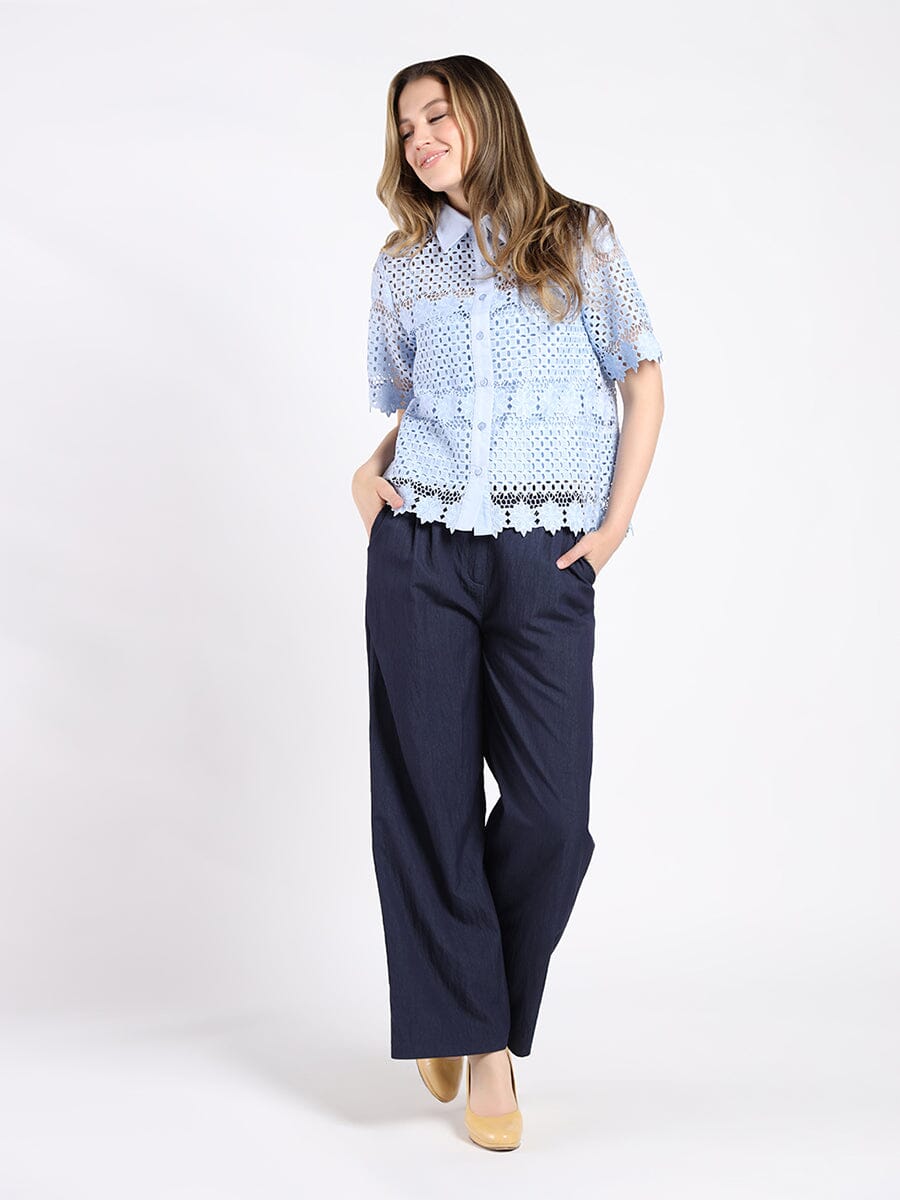 Short Sleeve Eyelet Lace Shirt with Point Collar TOP Gracia Fashion BLUE S 