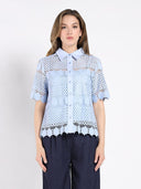 Short Sleeve Eyelet Lace Shirt with Point Collar TOP Gracia Fashion BLUE S 